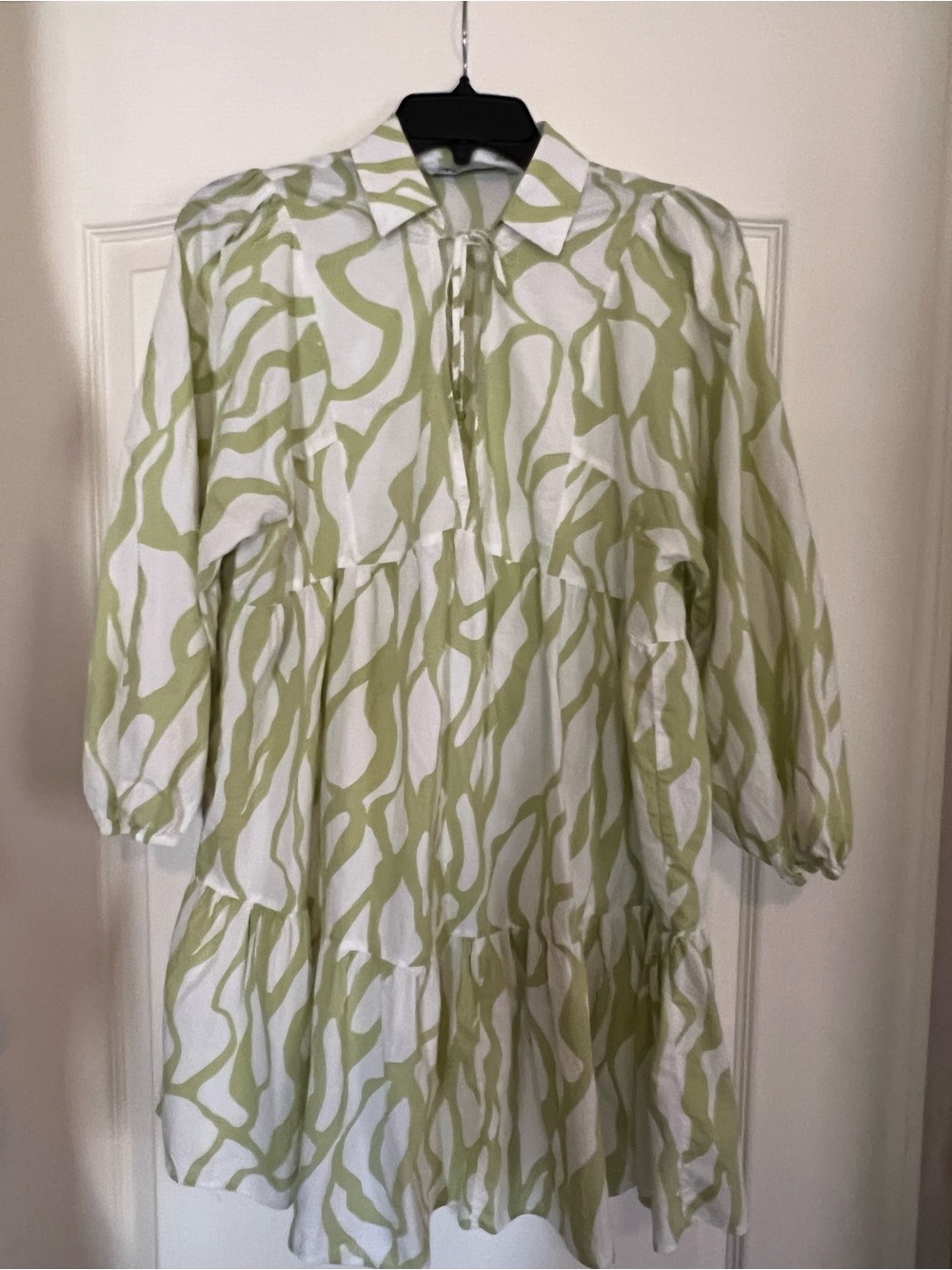 Zara White and Light Green Tie-Neck Tiered Maxi Dress